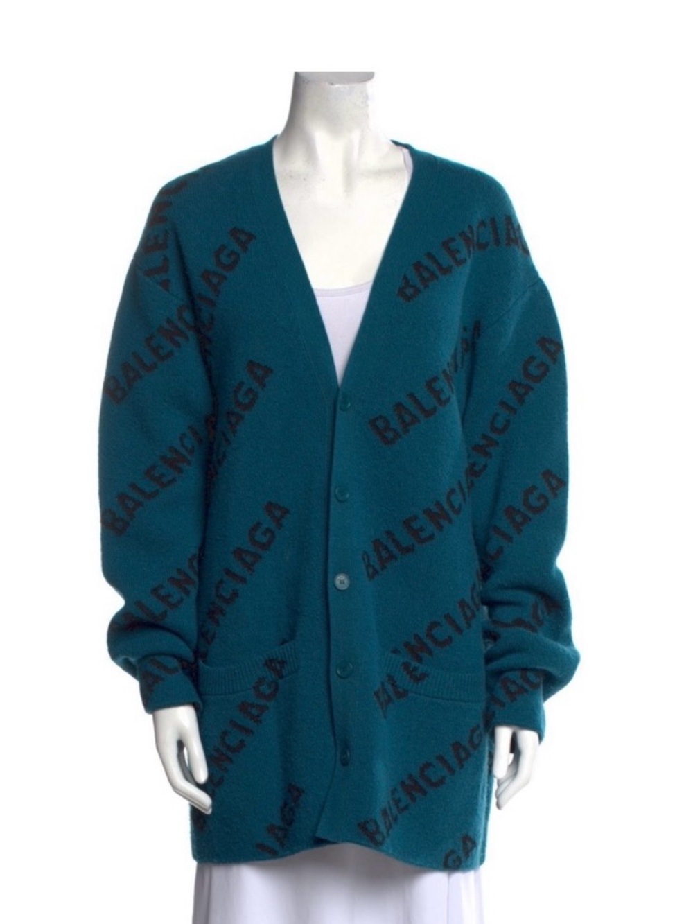Balenciaga Teal and Black Logo Cardigan - Picture 1 of 7